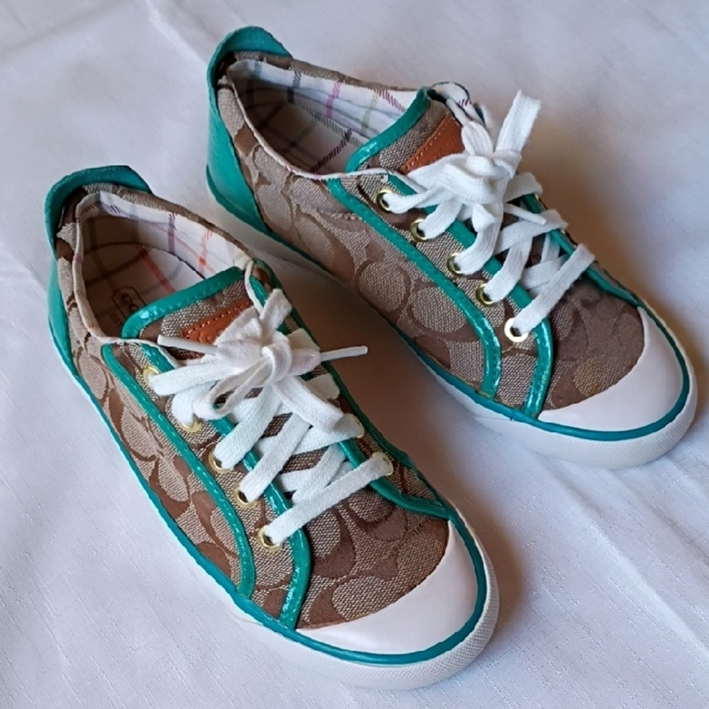 Coach Women's Teal and Brown Sneakers Size 6